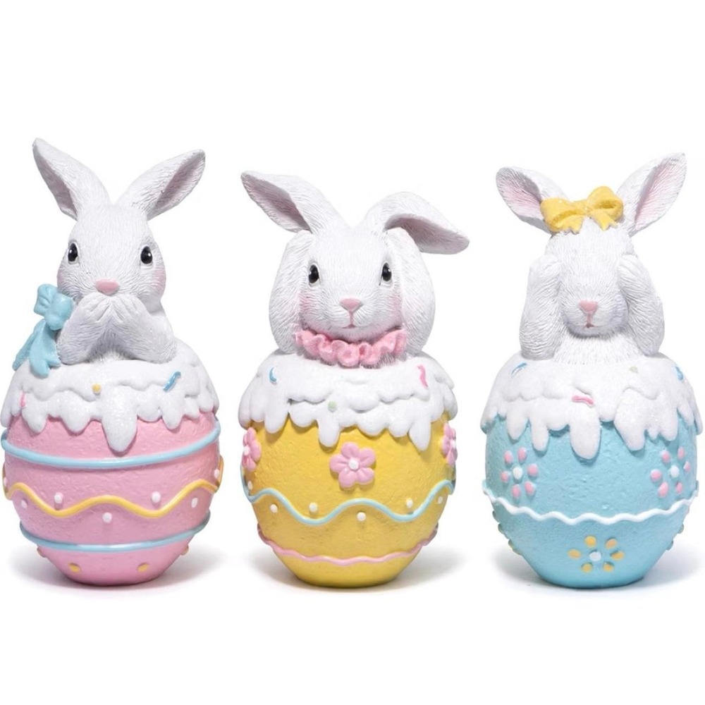 Multi Easter Bunny Egg Resin Figurine Set 3 Like New